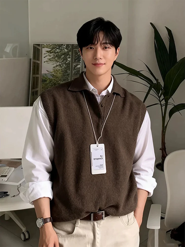 

Мужской вязаный жилет свободного кроя в корейском стиле, повседневный, удобный, осенний, на пуговицах, без рукавов, свитер-жакет