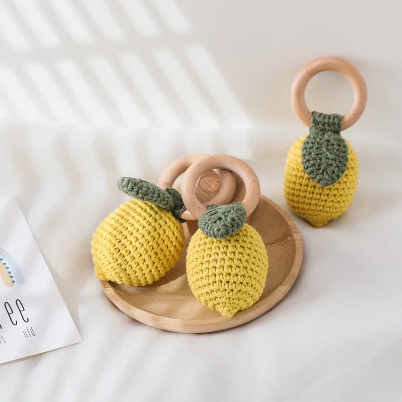 Baby Crochet Lemon Rattle Toys Wooden Bracelet Fruit Musical Rattle Teether Toys Handbell Newborn Soothing Oral Nursing Bite Toy