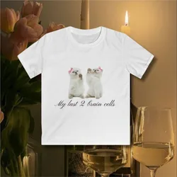 Aesthetic Short Sleeve T-Shirt Y2k Clothes Gothic Emo Girl Croped Tops Fun Kitten Print Vintage Women Casual Baby Tee Streetwear