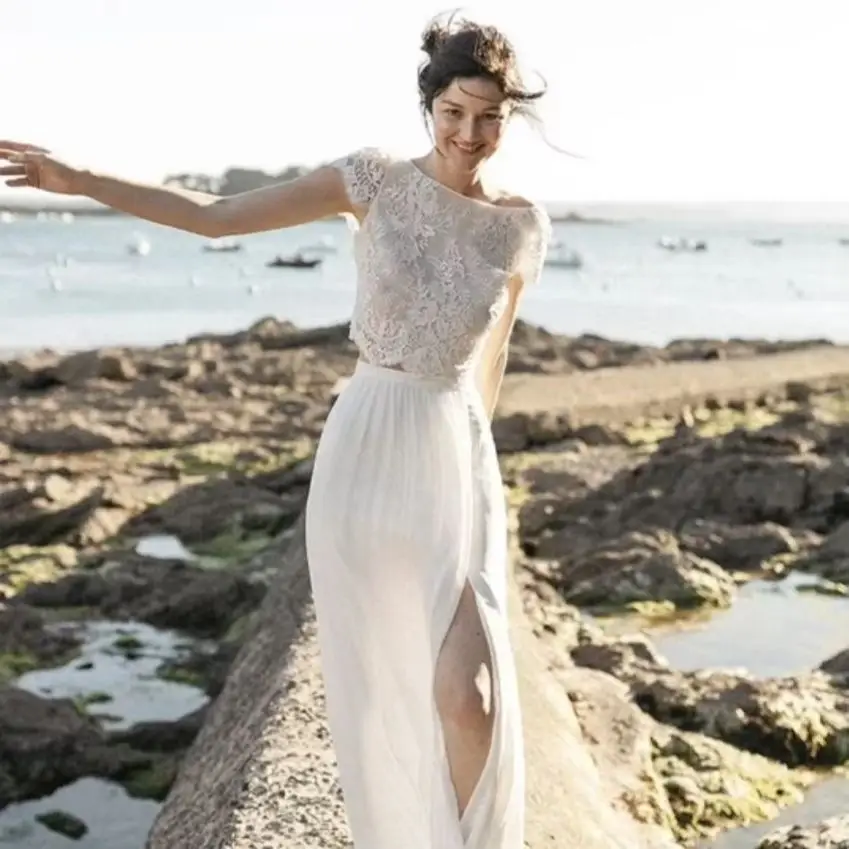 

Two Pieces 2 A-Line Chiffon Side Slit Floor Length Long Sleeve Bohemian Bridal Gowns Robe De Mariee Wedding Dress Boho
