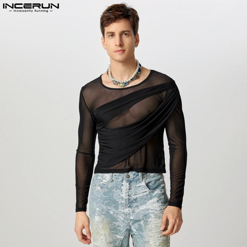 INCERUN Diagonal Shoulder Splicing Design Camiseta Men See Through Well Fitting T-Shirts Long Sleeve Casual Mesh Patchwork Tops