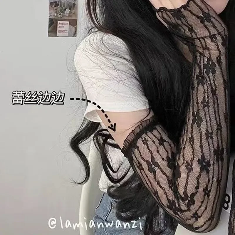 로리타 걸스 레이스 긴 속이 빈 핑거리스 장갑, 태양 보호 슬리브, 섹시한 꽃, 얇은 사이클링, 야외 애니메이션 의상 장갑