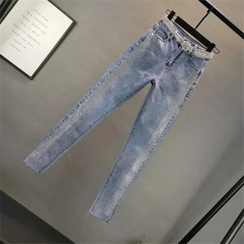 Spring Streetwear Women Pencil Pants 5XL Vintage Blue Slim Diamonds High Waisted Ankle-length Jeans Casual Denim Trousers Z498