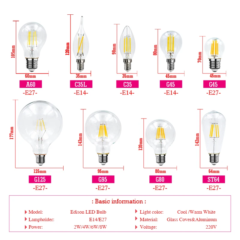 Bombilla de vela LED Vintage, lámpara E14, C35, E27, G45, A60, ST64, G80, G95, G125, AC220V, globo LED, 2W, 4W, 6W, 8W, filamento, bombillas Edison