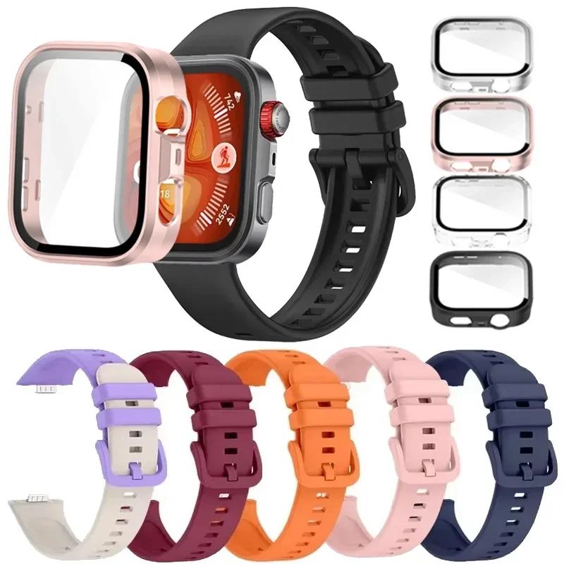 Silikonarmband für Huawei Watch Fit 3/4 PC-Gehäuse, vollständig gehärtetes Glas, schützende Hülle für Huawei Watch Fit 4 Pro, buntes Schnallenband