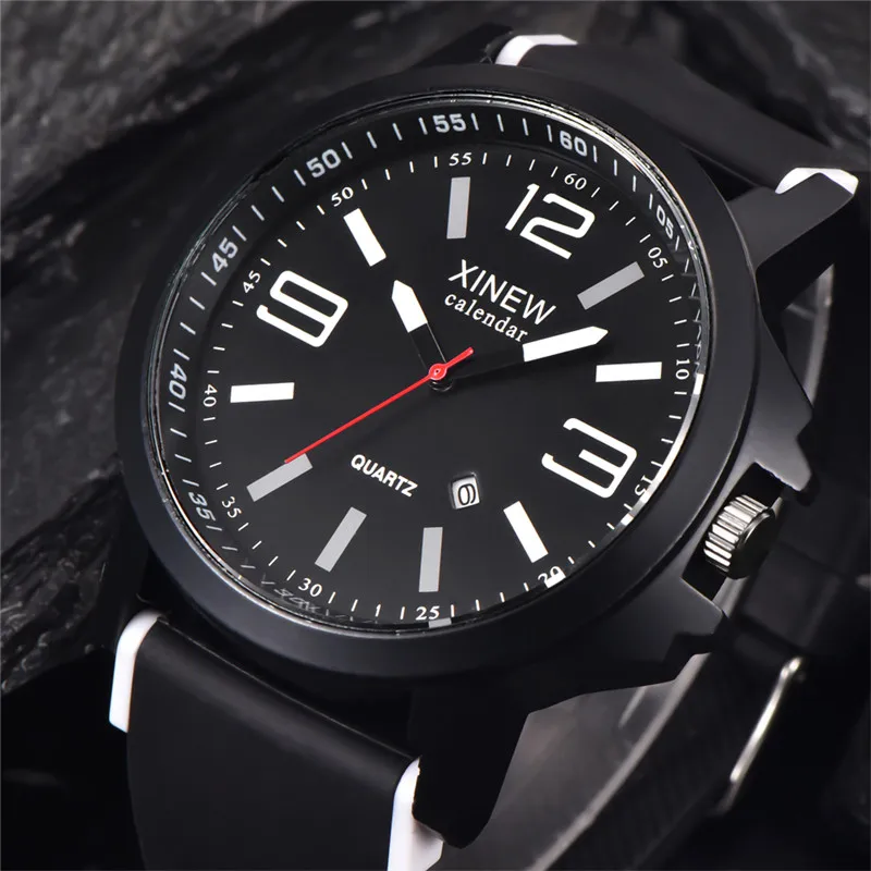 Men XINEW Brand Watches Students Fashion Casual Silicone Band Sports Date Quartz Watch Erkek Barato Saat Montre Homme Black 2024