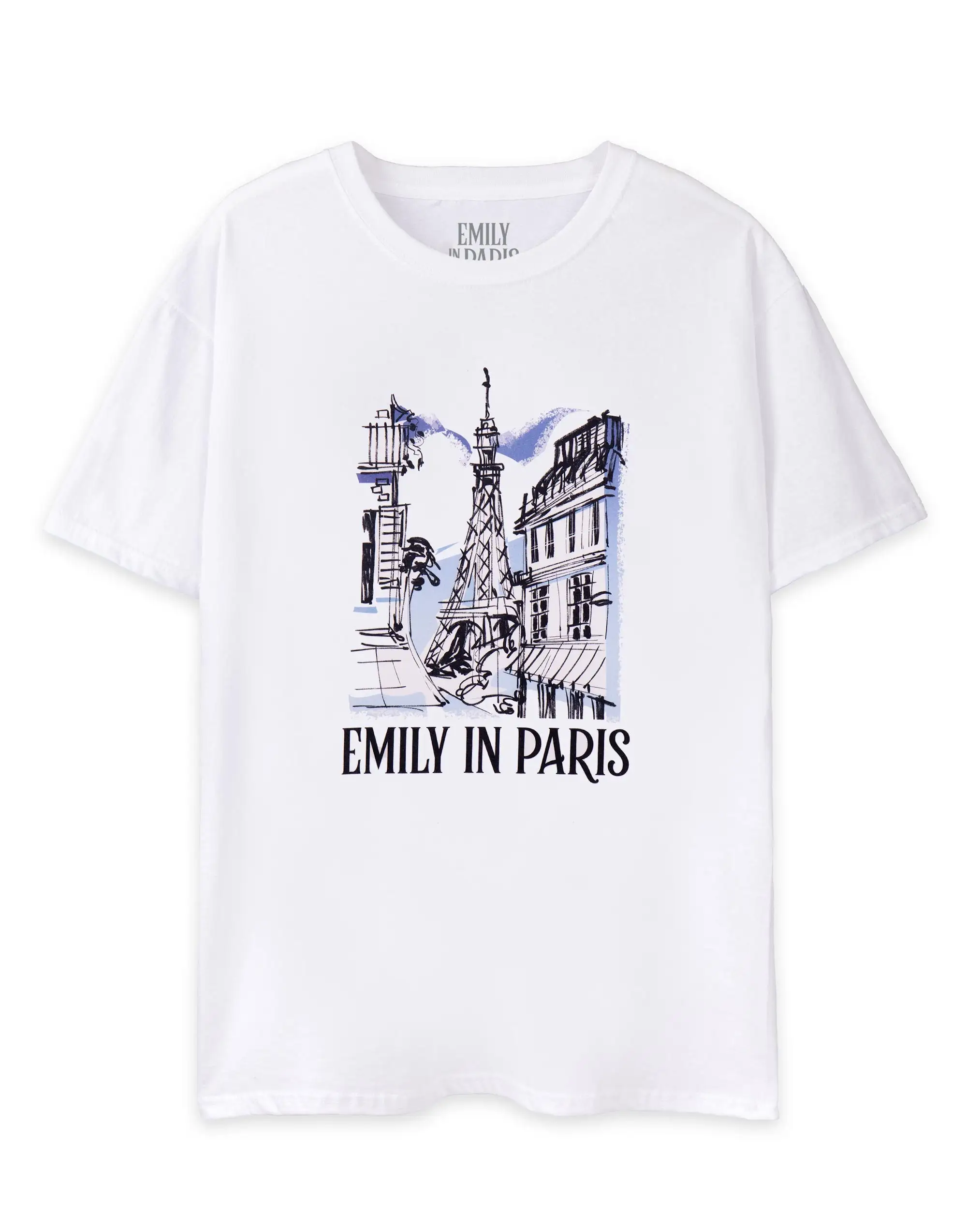 Emily In Paris Womens T Shirt White Sketched Parisian Landscape Oversized Top Netflix Series Merchandise