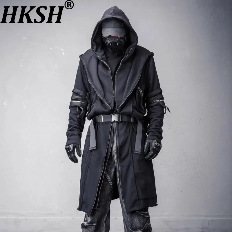 

HKSH Spring Autumn New Men Personality Punk Dark Style Wizard Cloak Trend Double-layer Hooded Sashes Fashion Long Trench HK16608