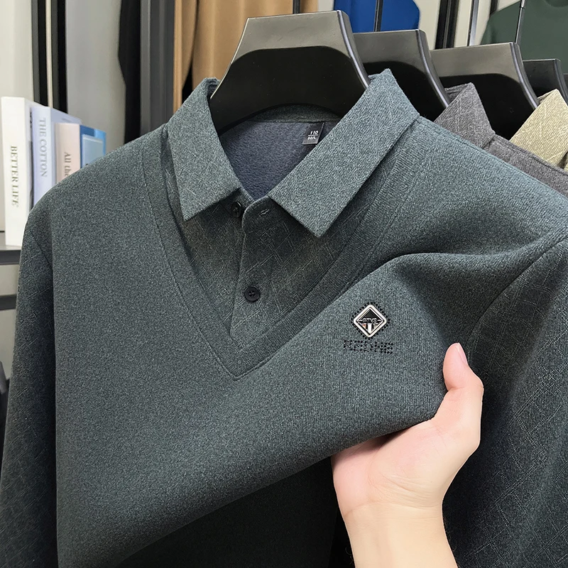 

Fashion two-piece design shirt collar sweater men's casual high-end brand exquisite embossed winter new plush warm knit pullover