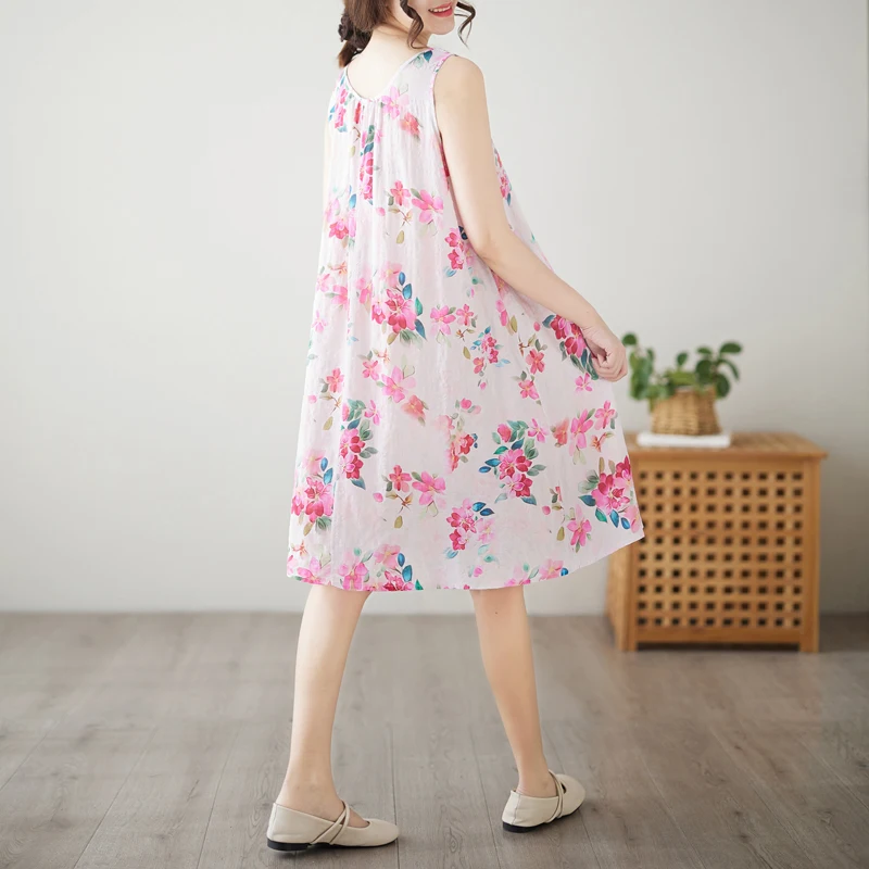 Gaun Midi Katun Linen Motif Cetak Ukuran Besar Model A-Line Longgar untuk Wanita, Cocok untuk Kerja dan Santai