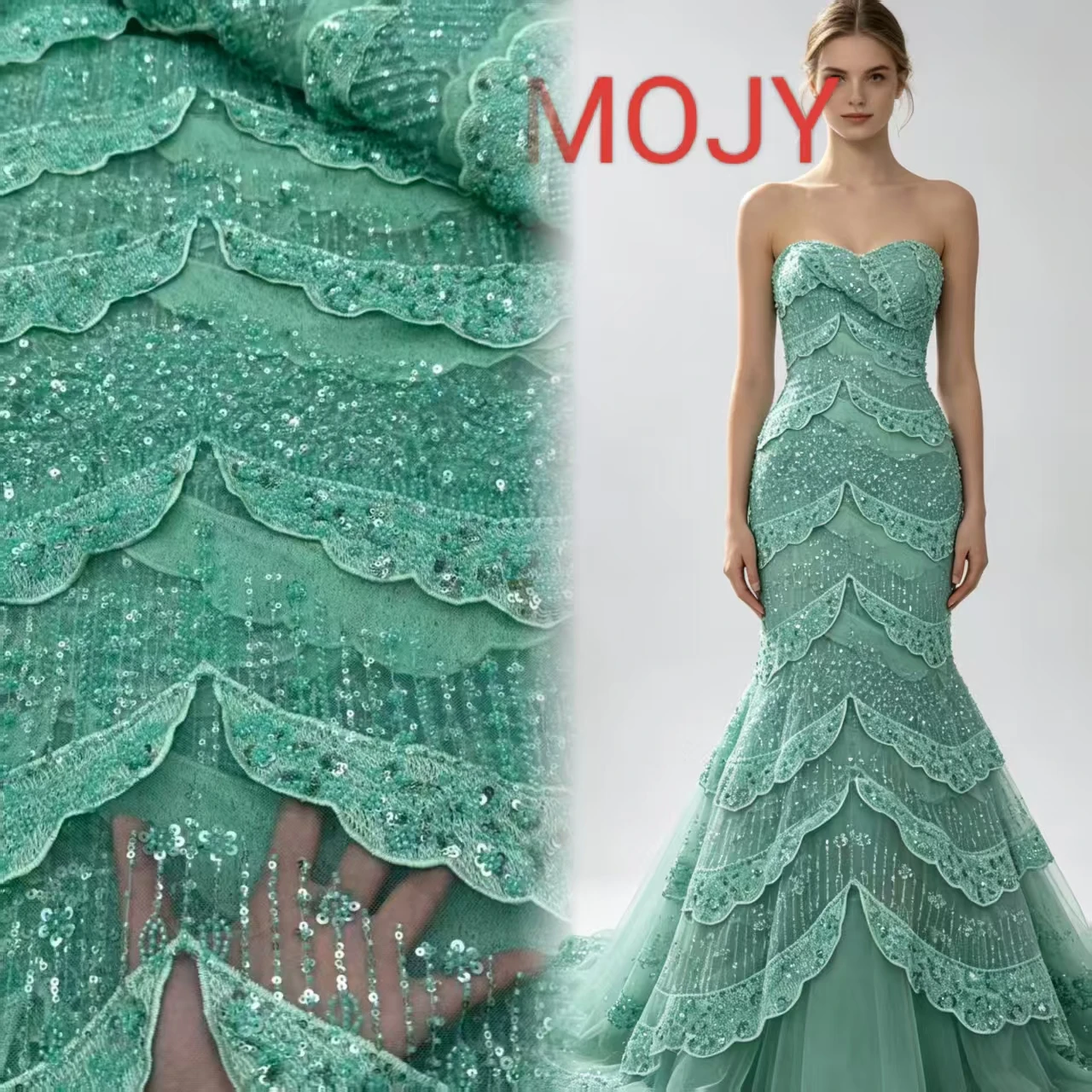 Mint Green Multi‑Layer Wavy Trim Beaded Lace Fabric Tassel Sequin Tulle Material For Mermaid Wedding Evening Party Dress