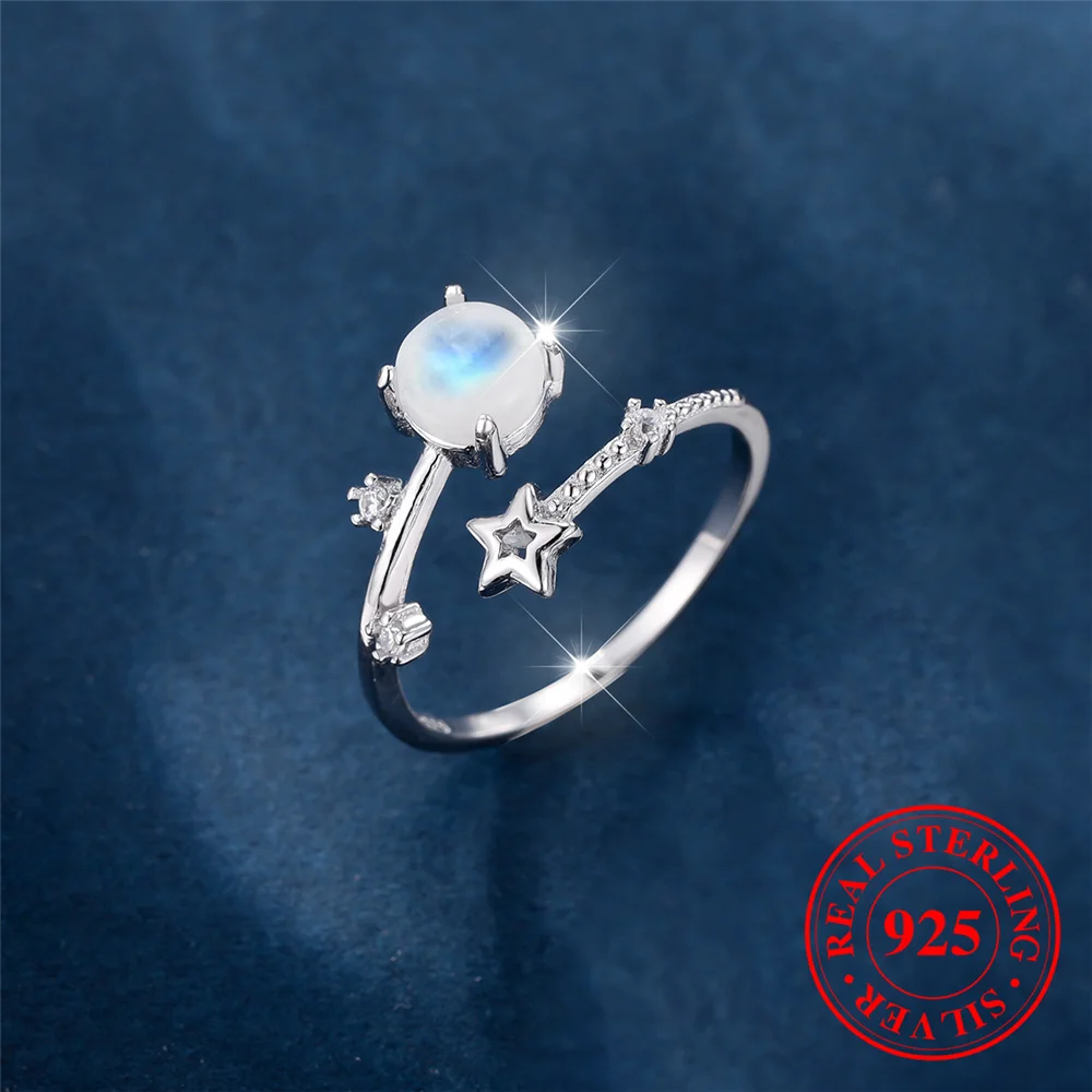 Cute Female Natural Moon Stone Round Star Adjustable Ring Vintage Real 925 Sterling Silver Wedding Open Jewelry For Women