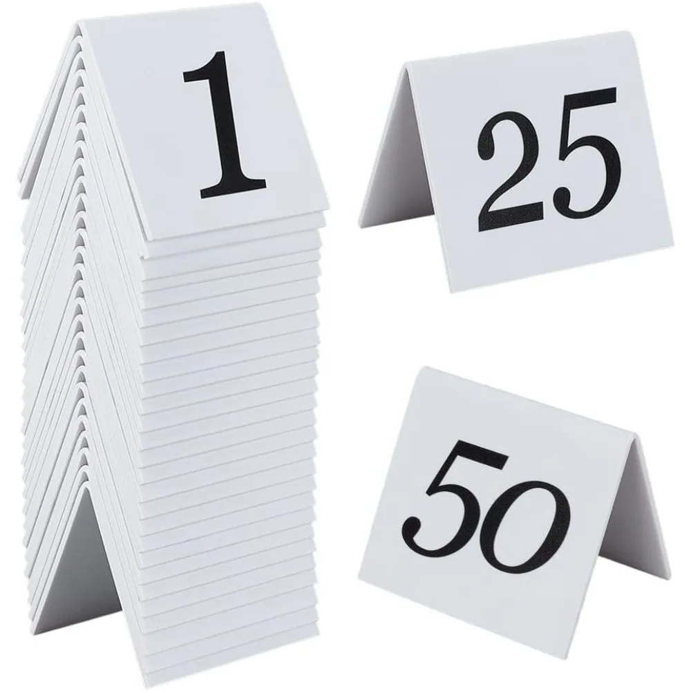 50 Pack Acrylic Table Numbers Tent Style Number Cards Double Side Numbered Table Tents 1-50 White Number Signs 2.5x2.1x1.9 Inch