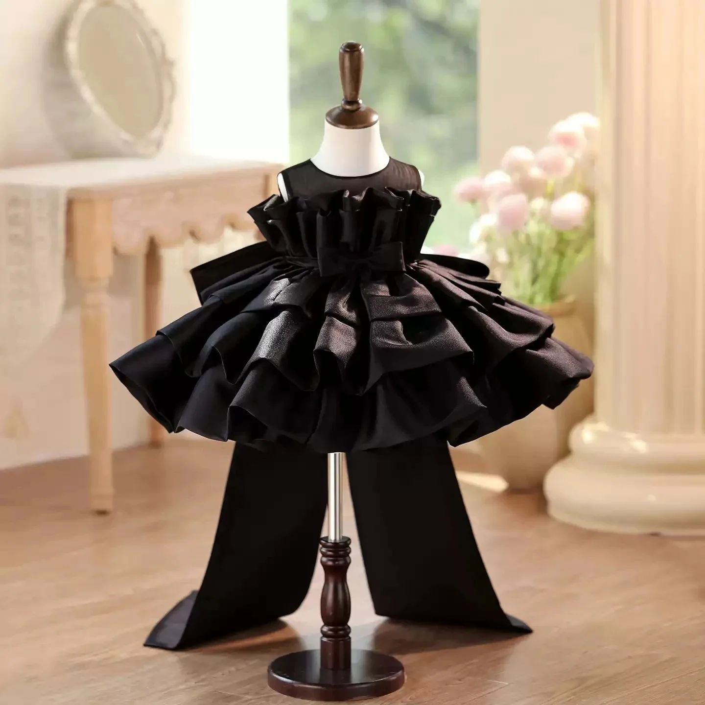 DROISCustom Girls' Flower Girl Dress Black Clothing Hepburn Style Light Luxury Halloween Communion Birthday Party Princess Dress
