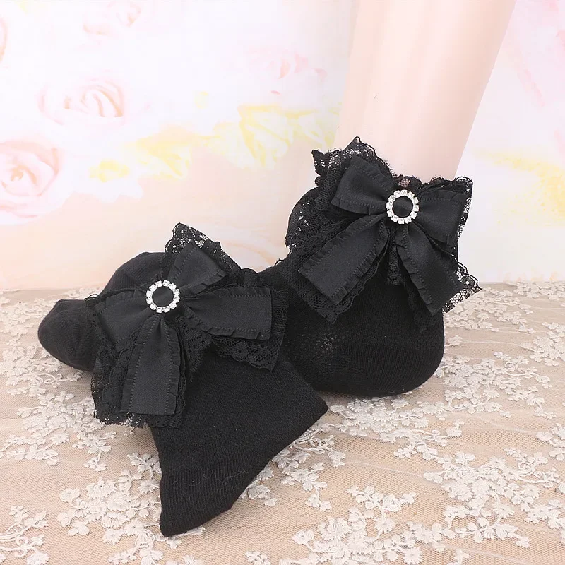 Lolita Japanese Style Cotton Socks for Women Sweet Cute Lace Bow Rhinestone Buckle Sweet Short Socks Soft Girl JK Socks