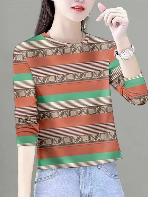 

Elegant Retro Striped round Neck Long Sleeve Base Shirt Women's Fashion Mommy Clothes Belly Concealing Trendy T-shirt