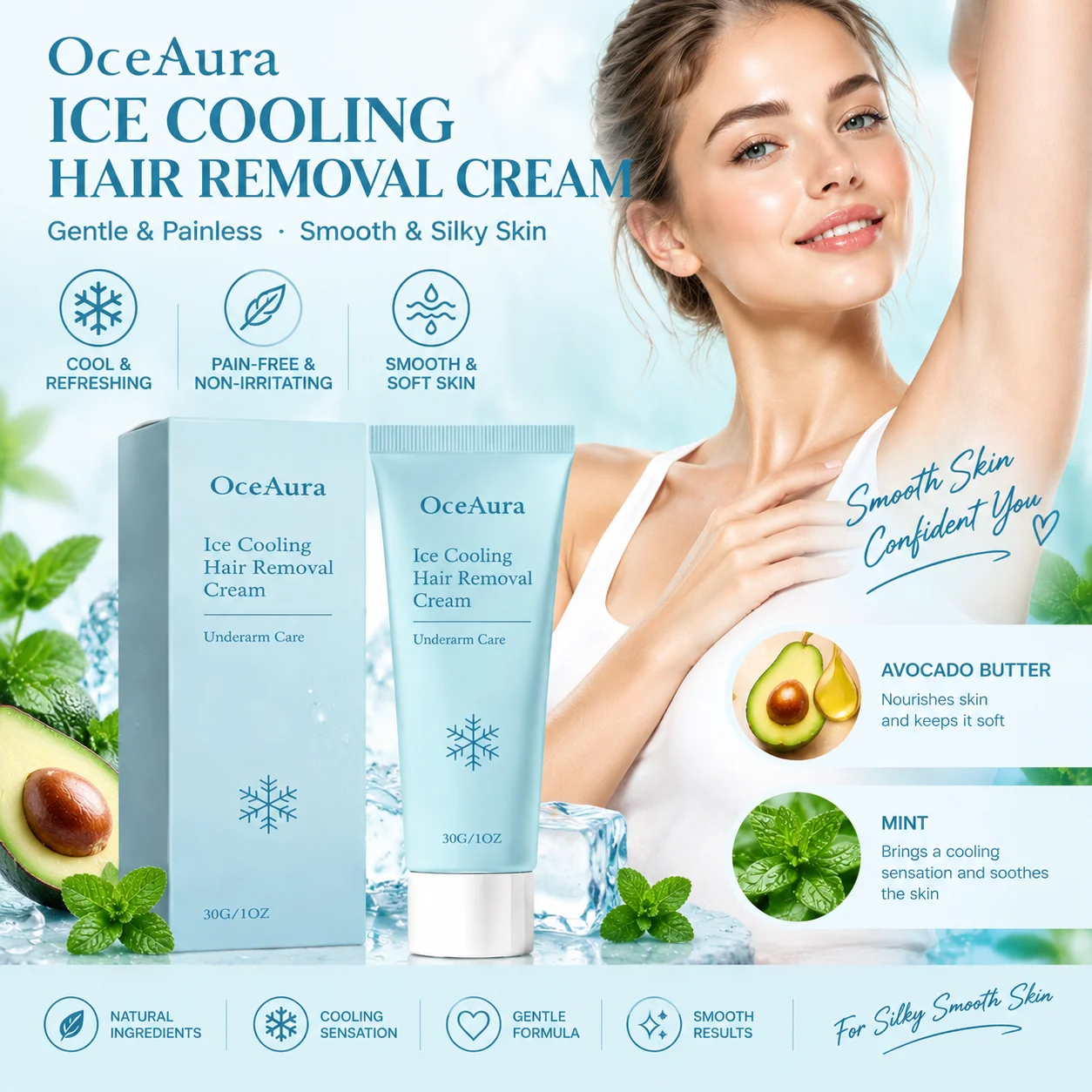 OceAura Body Hair Removal Cream Ice Cool Painless Smooth Skin Soothing Unwanted Underarm Arm Leg Intimate Area Depilatory Cream - view 2