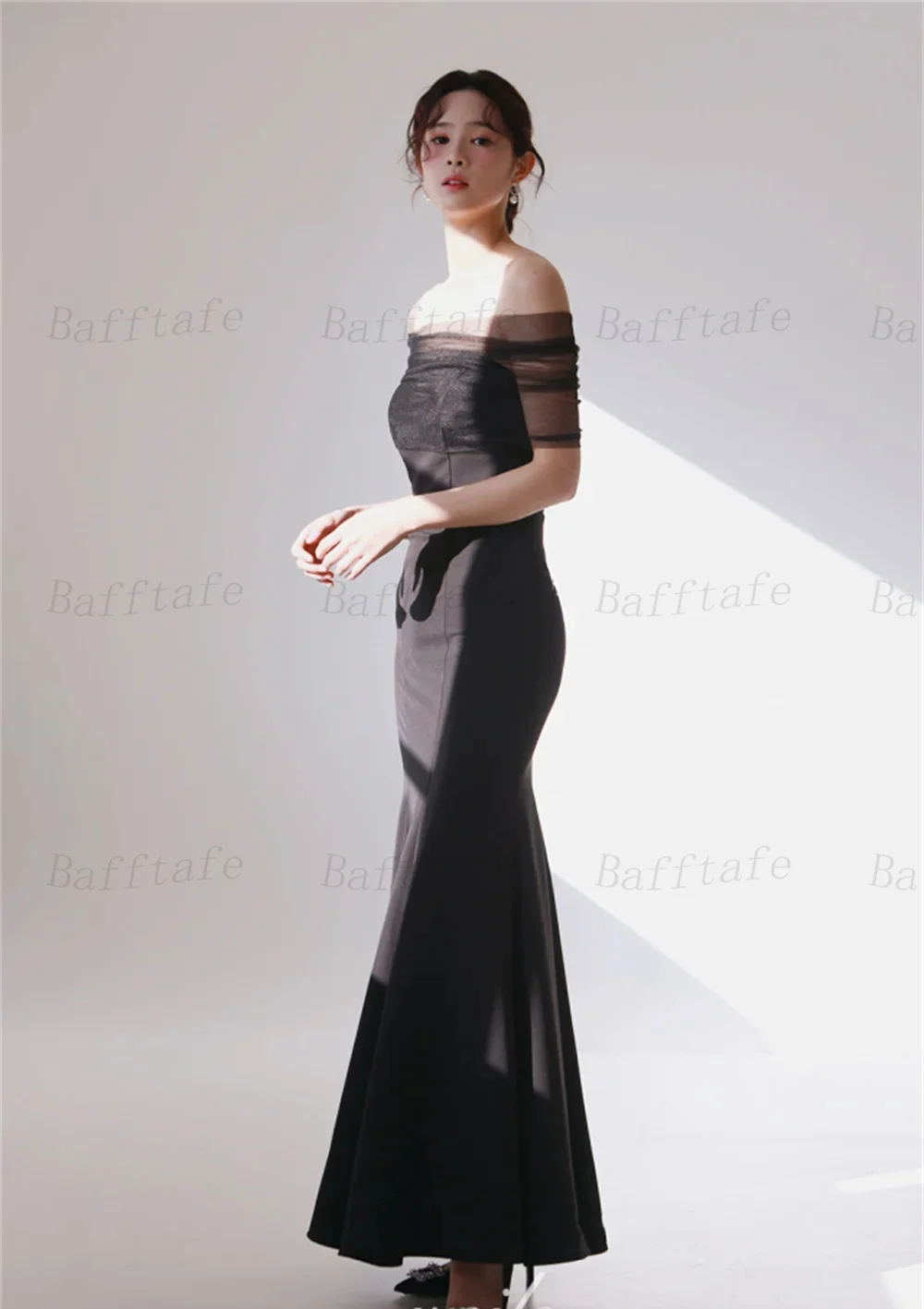 Bafftafe Black Mermaid Matte Satin Evening Dresses With Wrap Corset Back Midi Bridal Gowns Photography Prom Dress Customized