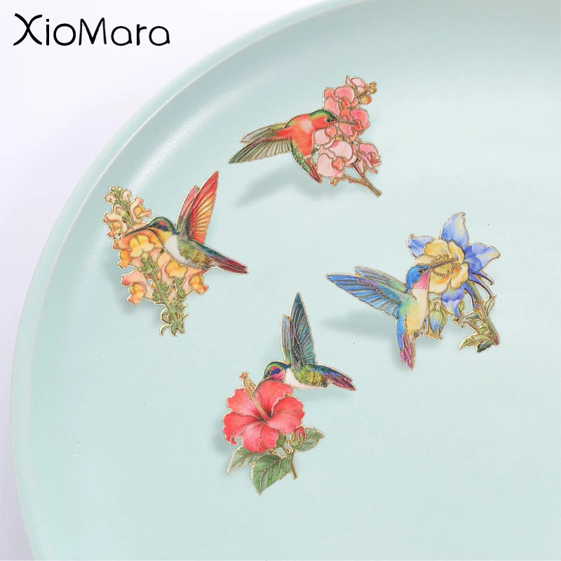 Colorful Hummingbird and Flower Badge, Vintage Floral Bird Enamel Pin, Fashion Accessory, Gift for Hummingbird and Flower Lovers