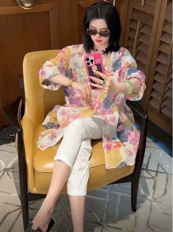 

Ретро-рубашка с цветочным принтом, длинный рукав, женская, повседневная, летняя, с защитой от солнца, больших размеров, из смесового хлопка, свободного кроя, с круглым вырезом