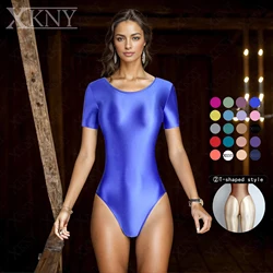 XClocKNYoung satin glossy tights oil slip suit Thongs high fork short sleeve swimsuit Yoga sportswear solid color BODYSUIT
