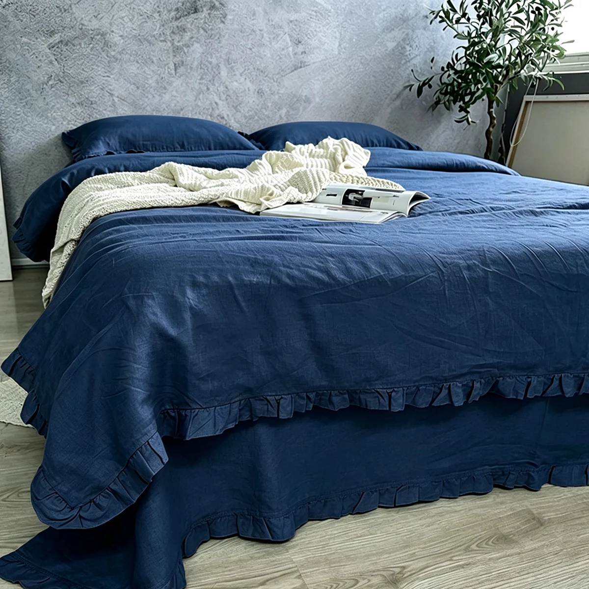 100% Washed Linen Ruffle Quilt Cover Set Ruffled Duvet Cover ,Pillow Shams Breathable Farmhouse Bedding Single Double Queen King