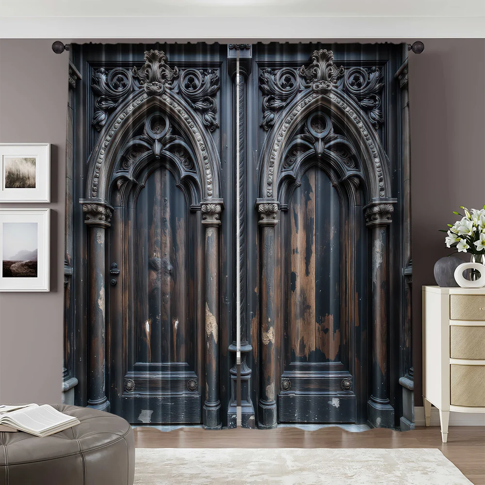 2pcs, 2D flat printing Scene Curtain Ornate Carved Wooden Doors Artwork Versatile Polyester Fabric,Without Electricity Wall