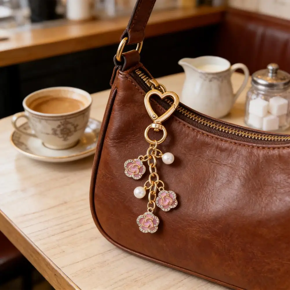 Imitation Pearls Charm Key Chain Rhinestone Flower Keychain Pendant with Imitation Pearls Zinc Alloy Charm Key Ring Decorative