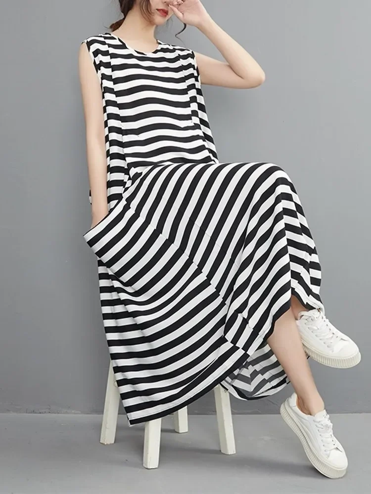 sleeveless vintage stripe new in dresses for women casual loose long summer dress elegant clothing 2025