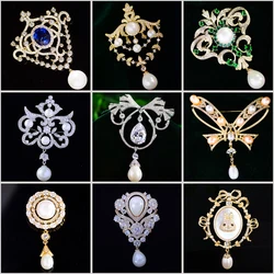 European Court Style Luxury Zirconia Medal Brooch Pin Elegant Pearl Pendant Clothing Accessories Pins Creative Wedding Gifts