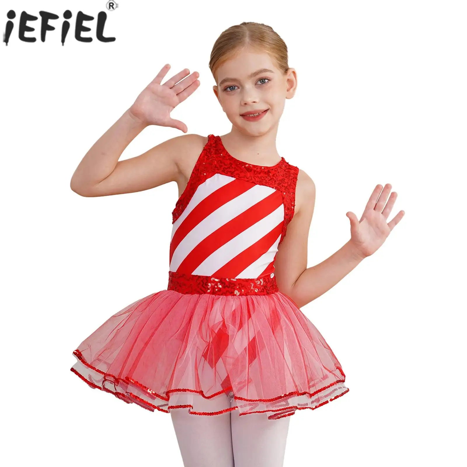 

Teen Girls Christmas Ballet Dance Dress Figure Skating Performance Clothes Sleeveless Striped Mesh Leotard Tutu Cosplay Costume