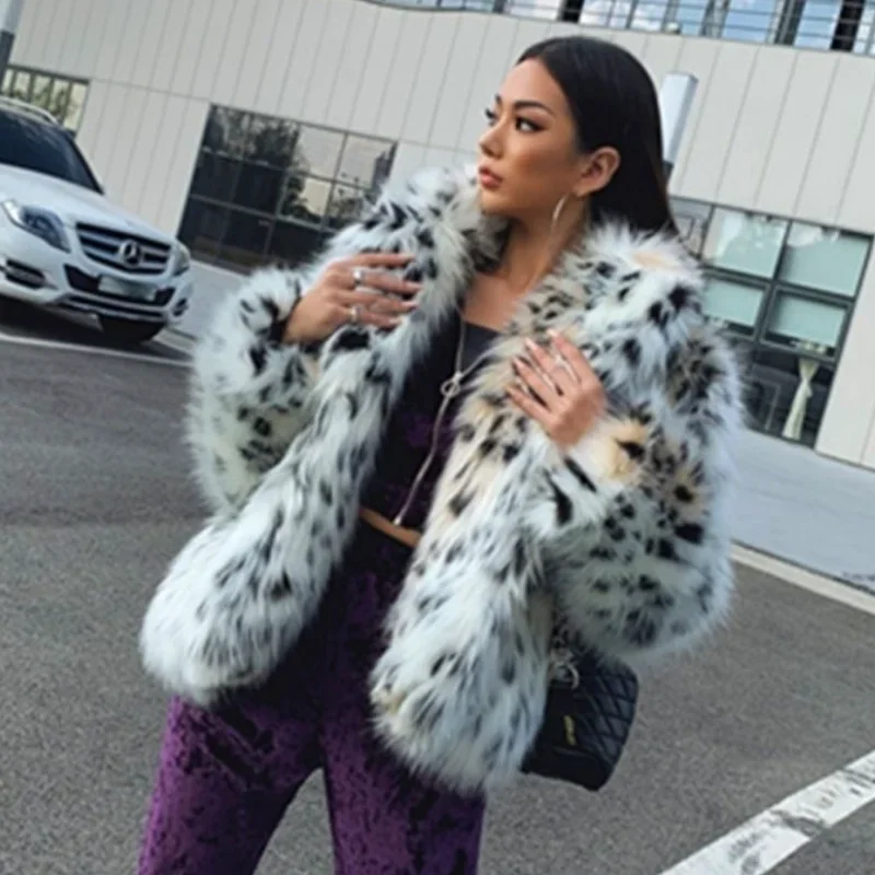 Luxury Faux Mink Fur Leopard Printed Coat Female Turn Down Collar Plush Imitation Fox Fur Bomber Jacket Spotted Cardigan Tops