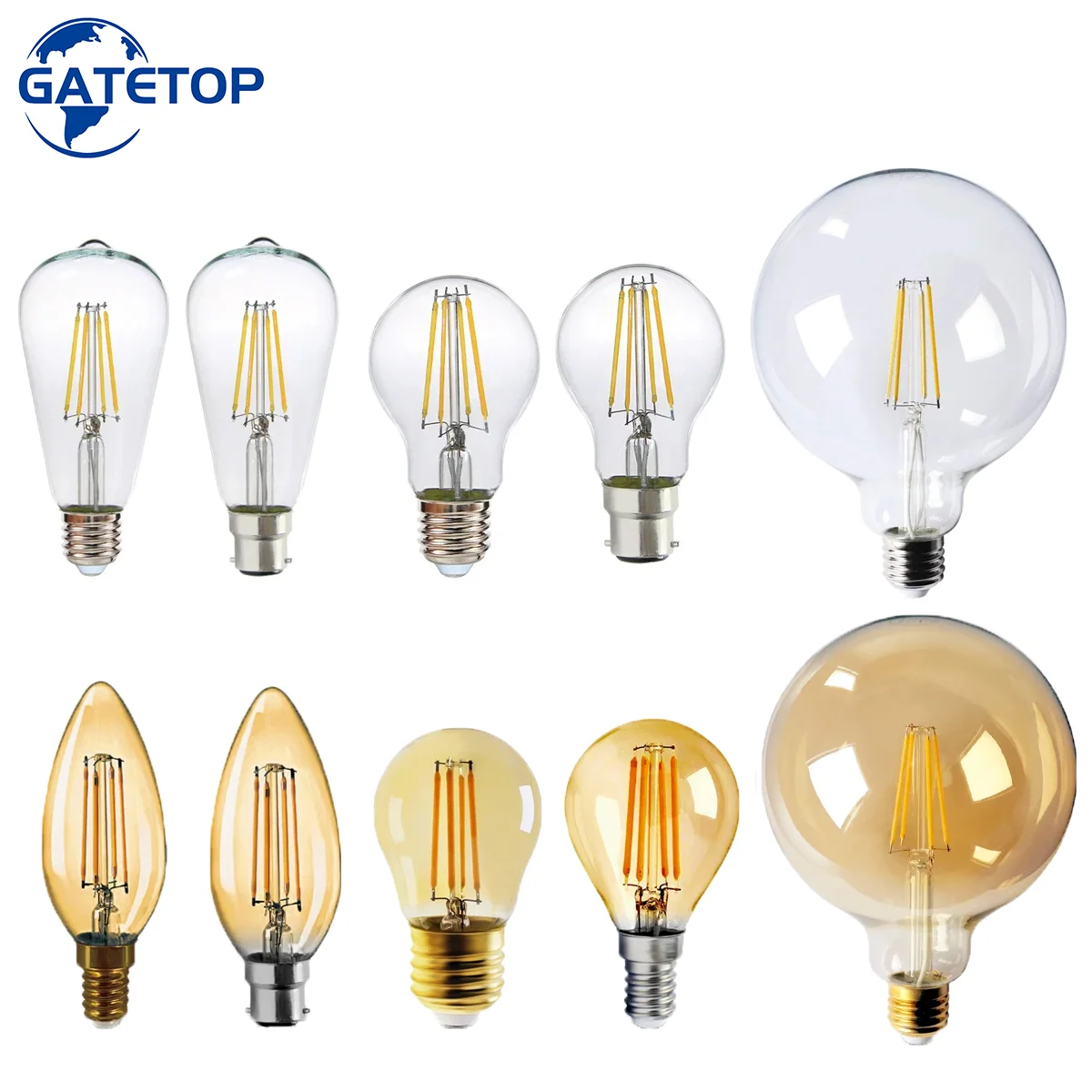 

LED glass filament light Edison E27 E14 B22 Lamp AC220V Light Bulb C35 G45 A60 ST64 G80 G95 G125 Glass Bulb Vintage Candle Light