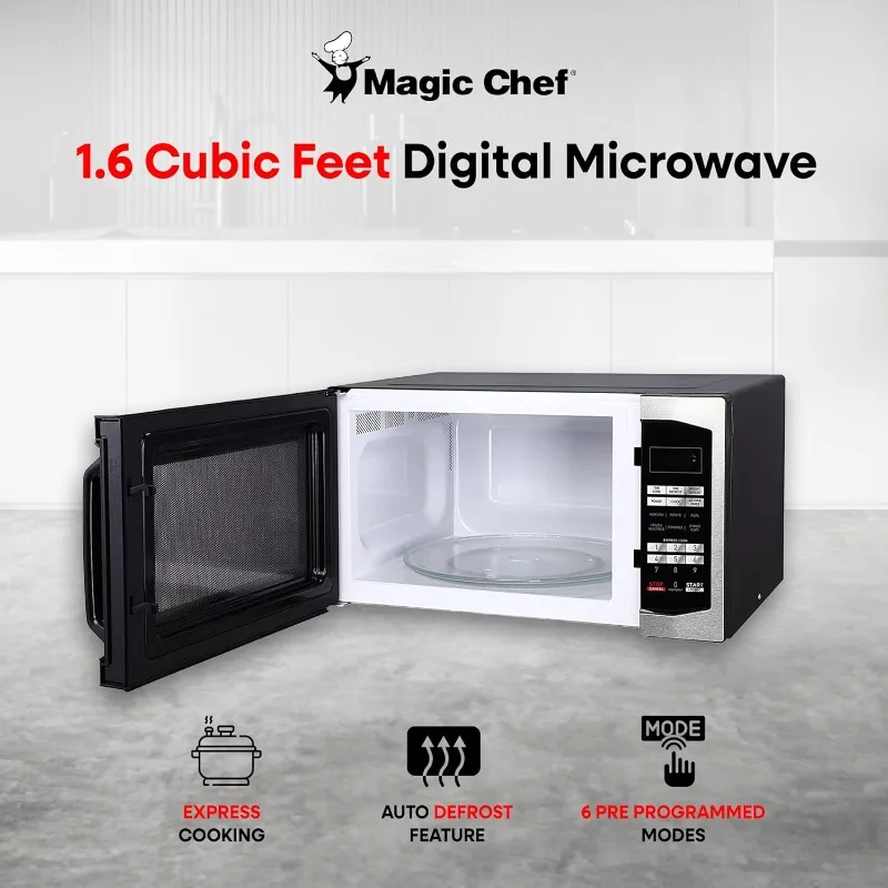 Countertop Microwave Oven, Small and Compact, 1100 Watt, 1.6 Cu Ft, Steel