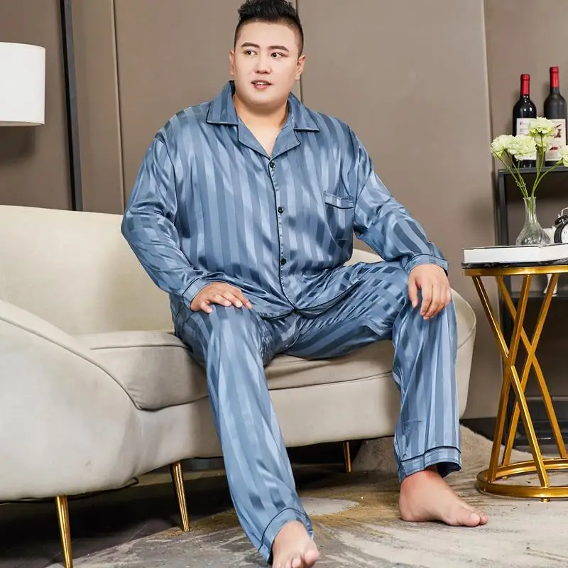 Plus Size 5XL 130kg Men\'s Silky Satin Pajamas Sets Casual Home Clothes For Male Big Leisure Nightgown Sleepwear Pyjamas Suit