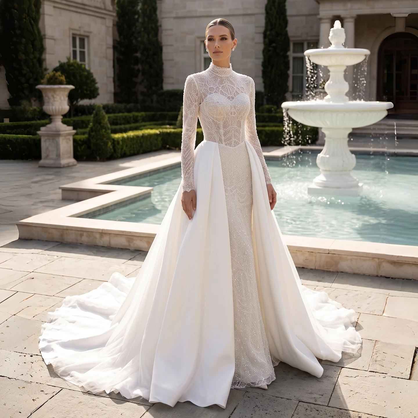 Sheer Fairy Wedding Dresses Elegant Mermaid High Neck Lace Pearls Detachable Trian Backless Dubai Bridal Gowns SW685 Customized