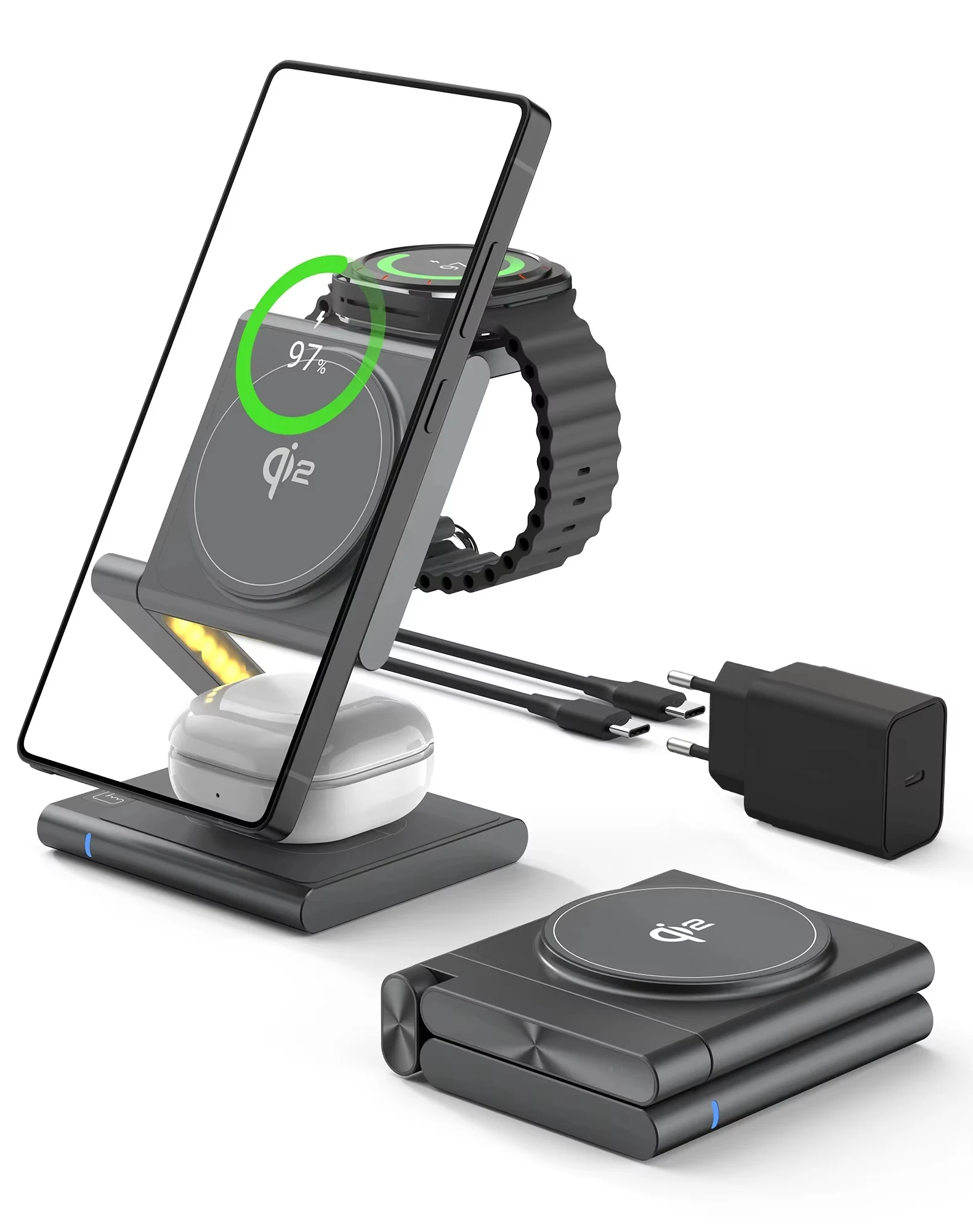 4in1 Wireless Charging Station for Samsung Foldable Aluminum Magnetic Charger with LED Light for Samsung Galaxy S25 Galaxy Watch