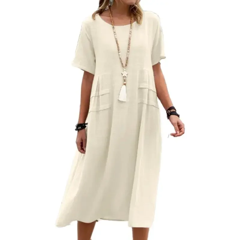 

Summer Women Holiday Casual Comfortable Dresses O Neck Pullover Pleated Hem Dress Solid Color Cotton Linen Short Sleeve Gown New