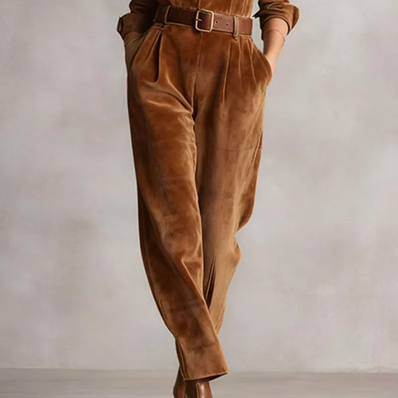 Women's Vintage Solid Velvet Jumpsuit Lapel Long Sleeve Belted Wide Leg Streetwear Romper Spring Fall Slim Pocket Office Overall