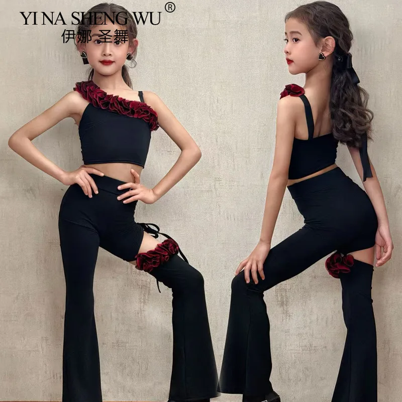 

Детский костюм для латинских танцев для девочек, топ на бретелях и брюки с разрезом для танцев, костюм для самбы, румбы, танцевальный костюм для соревнований