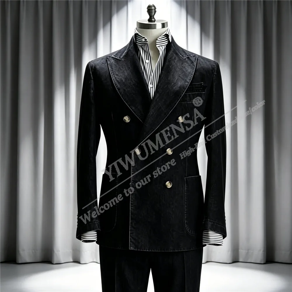 

Classic Suit Men 2 Piece Sets Double Breasted Jacket Pants Customized Man Smart Casual Outfits Denim Terno Masculinos Completo