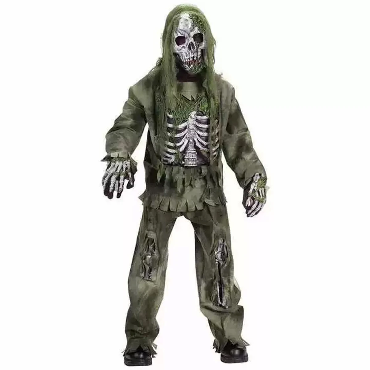 Kids & Adults Zombie Cosplay Costume, Scary Skeleton Tattered Outfit with Mask Gloves, Halloween Carnival Fancy Dress