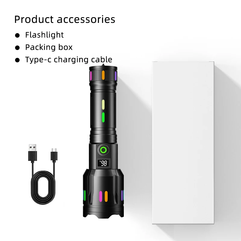 MONHNR LED Rechargeable Battery Display Flashlight Fluorescent Absorbing Film Luminous Colorful Zoom Tactical Flashlight Camping