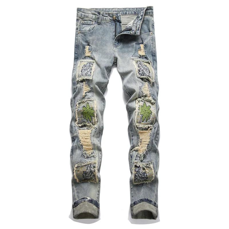 

New Light Blue Ripped Jeans Mens Fashion Tree Embroidery Patch Slim Stretch Pencil Pants Nightclub Motorcycle Trend Clothing