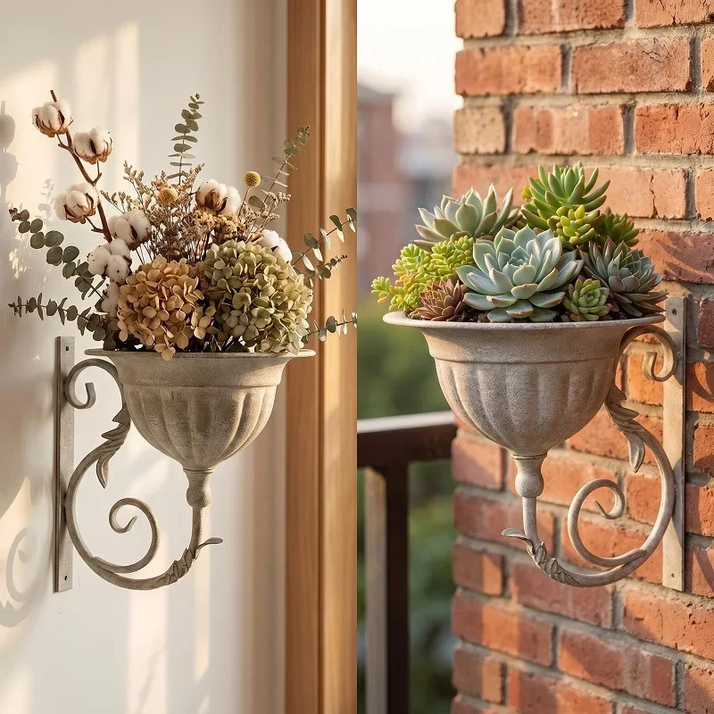 h31- country farmhouse retro wall hanging flower pot balcony garden wall decoration wall hanging flower ware old tile gray