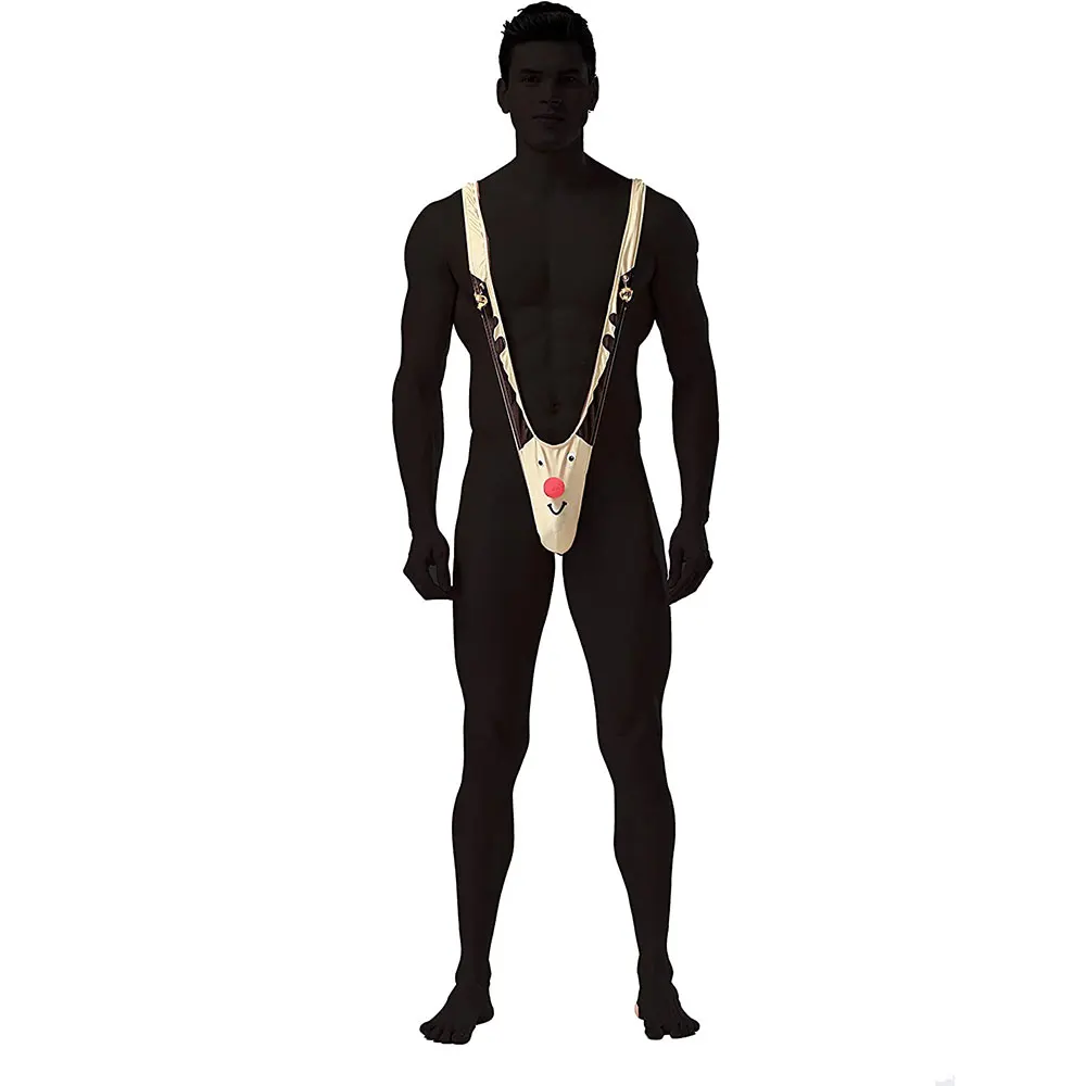 Costume da bagno da uomo con gag natalizio, renna, Mankini, perizoma, costume da bagno intero, novità, body, intimo con campanelle, kaki, taglia