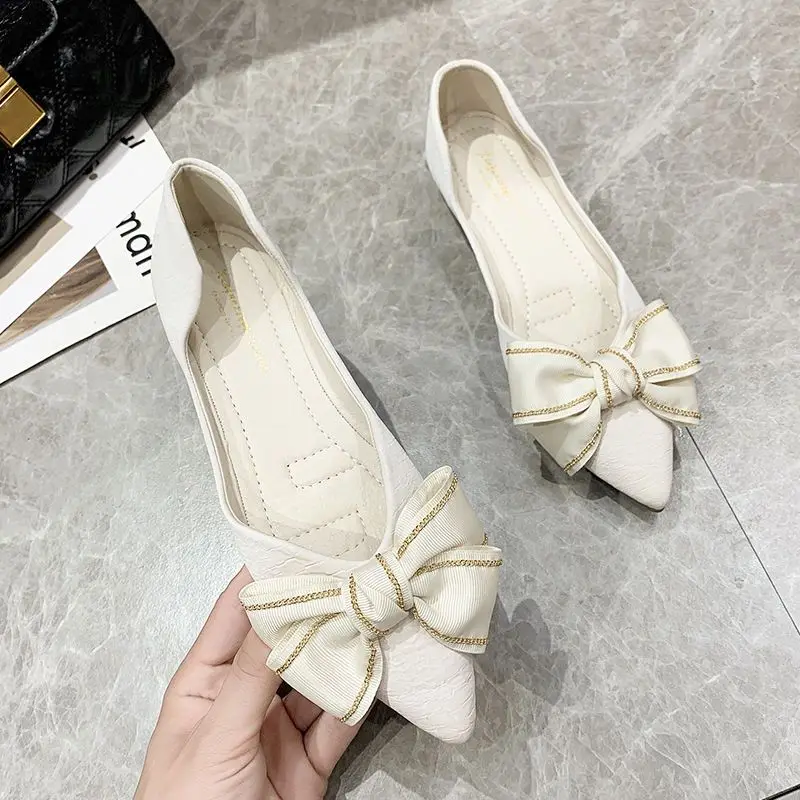 White Woman Flats Wedding Bride Shoe With Bow Shoes For Women Ballet Korean Style Social Novelties E Slip On Popular Casual