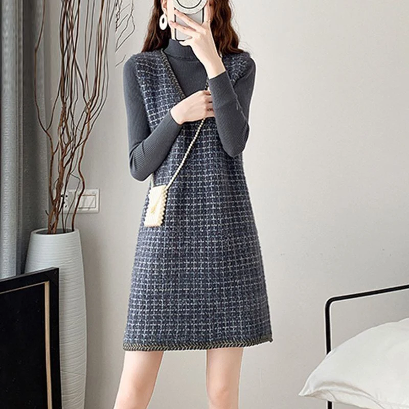 

Women's Knitted Sweater Dress 2023 Autumn Half High Neck Loose Solid Mini Dresses Female Casual French Bottom Tank Top Dresses