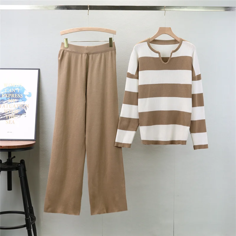 2024 Autumn New Retro Women Sweater Set Casual Pullovers Suits Striped Knitted Long Sleeve Elegance Tops Elastic Wide Leg Pant