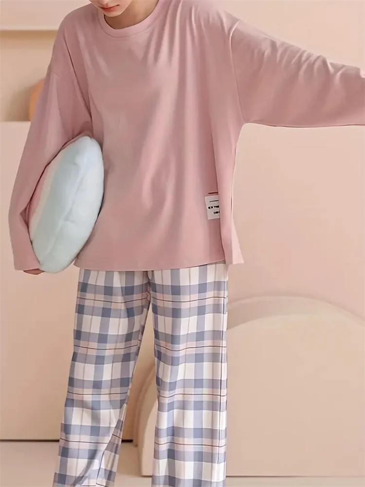 Conjunto de pijama de manga larga con cuello redondo y estampado a cuadros para mujer con pantalones cómodos, ropa de descanso suave informal, camisón, traje Plus